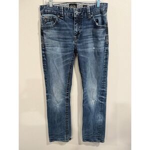 Buckle Black Bootcut Jeans Men's 31L Blue Denim Embroidered Pockets 5 Pocket